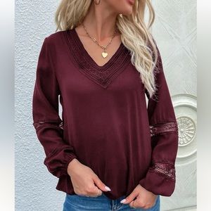 Wine colored v neck and lace blouse, size MEDIUM